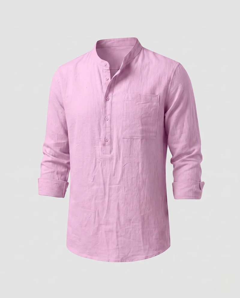 Herren Leichte Stehkragen Henley Shirt aus Leinenmischung mit Brusttasche Nord Taschen