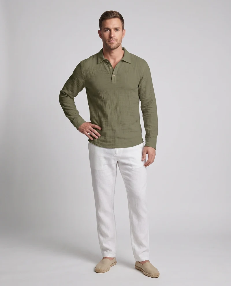 Leichtes Herren-Leinen-Optik Henley Polo-Shirt mit Hemdkragen und offener Knopfleiste Nord Taschen