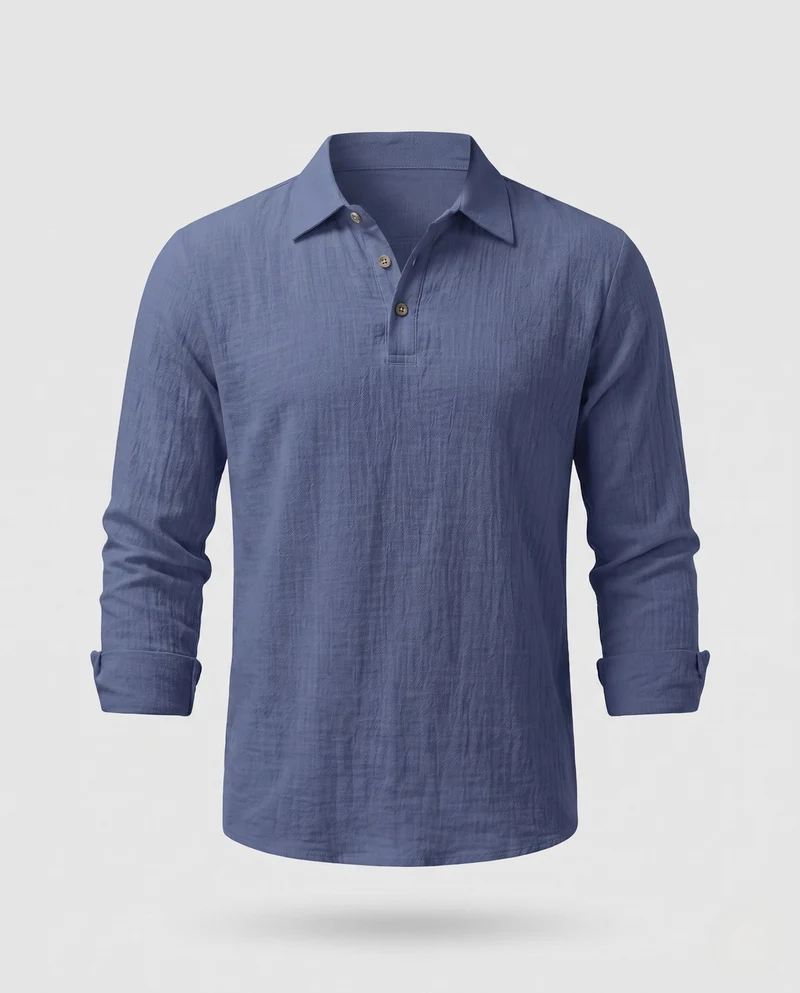 Leichtes Herren-Leinen-Optik Henley Polo-Shirt mit Hemdkragen und offener Knopfleiste Nord Taschen