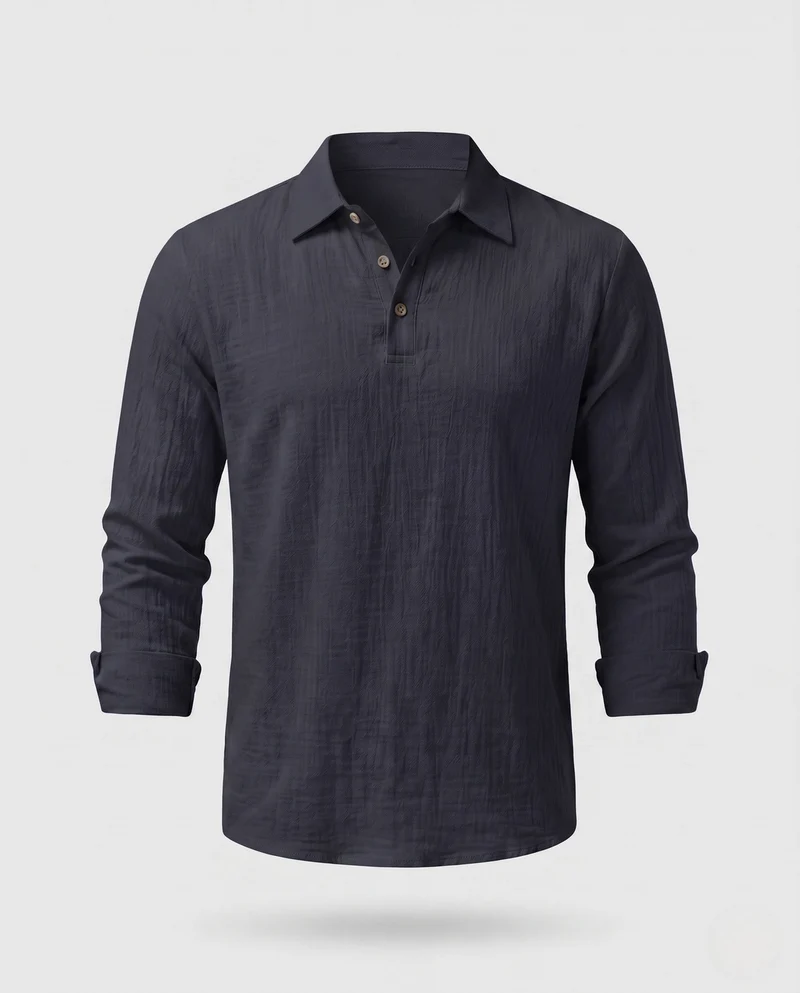 Leichtes Herren-Leinen-Optik Henley Polo-Shirt mit Hemdkragen und offener Knopfleiste Nord Taschen