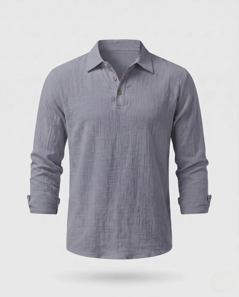 Leichtes Herren-Leinen-Optik Henley Polo-Shirt mit Hemdkragen und offener Knopfleiste Nord Taschen