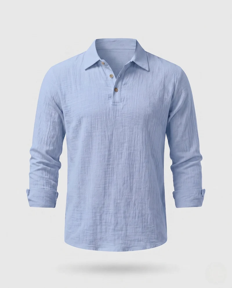 Leichtes Herren-Leinen-Optik Henley Polo-Shirt mit Hemdkragen und offener Knopfleiste Nord Taschen