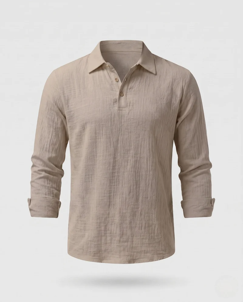 Leichtes Herren-Leinen-Optik Henley Polo-Shirt mit Hemdkragen und offener Knopfleiste Nord Taschen