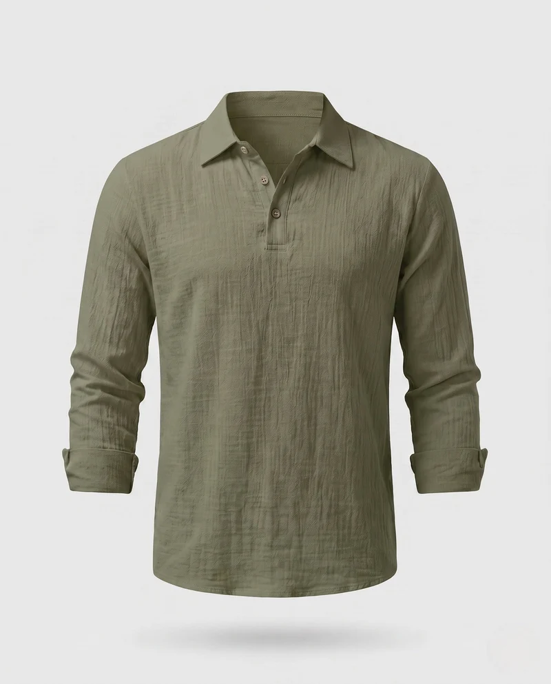 Leichtes Herren-Leinen-Optik Henley Polo-Shirt mit Hemdkragen und offener Knopfleiste Nord Taschen