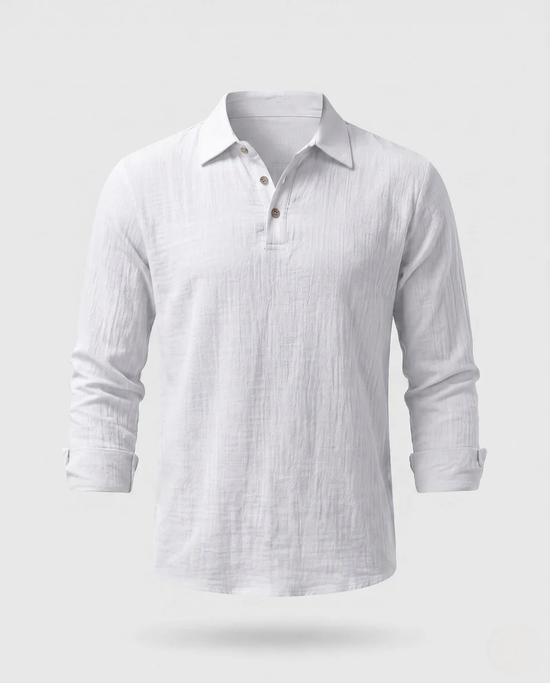 Leichtes Herren-Leinen-Optik Henley Polo-Shirt mit Hemdkragen und offener Knopfleiste Nord Taschen