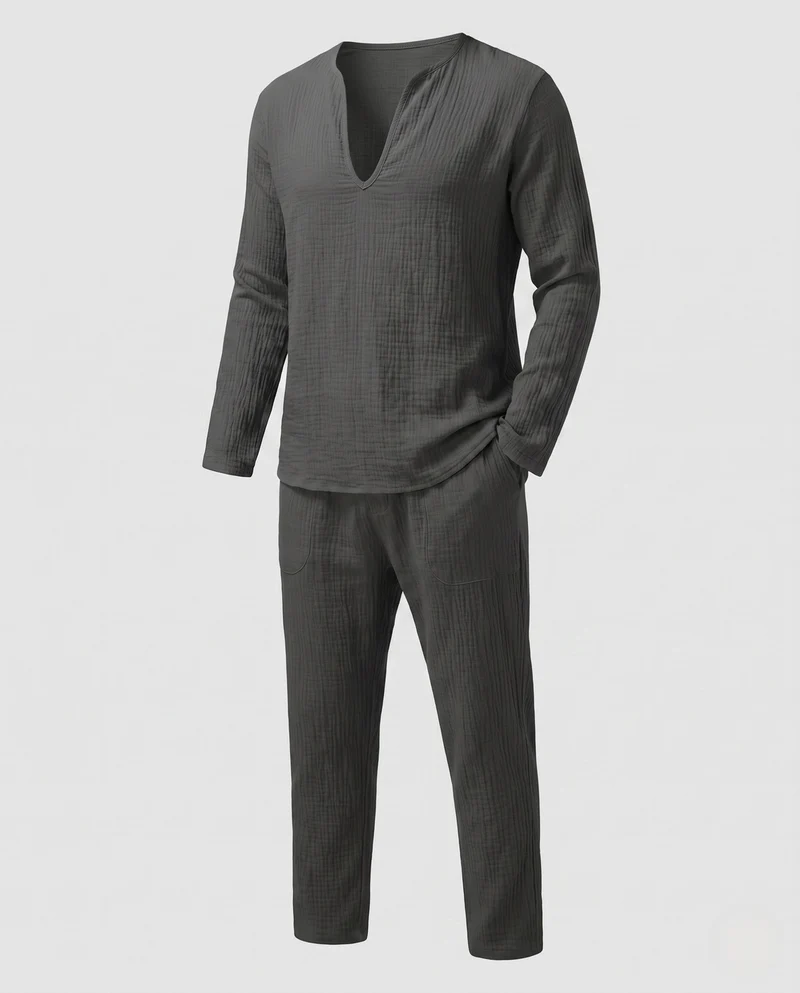 Herren Leichte Leinen-Look Resort Set mit tiefem V-Ausschnitt & lockeren Hosen Nord Taschen