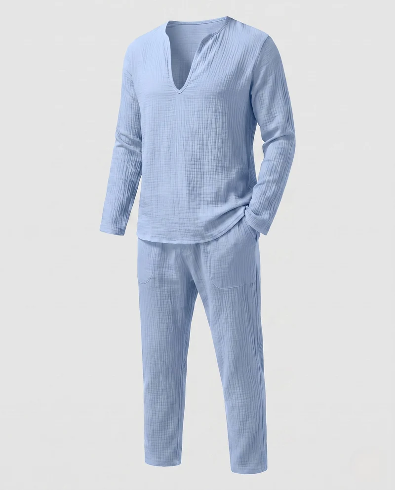 Herren Leichte Leinen-Look Resort Set mit tiefem V-Ausschnitt & lockeren Hosen Nord Taschen