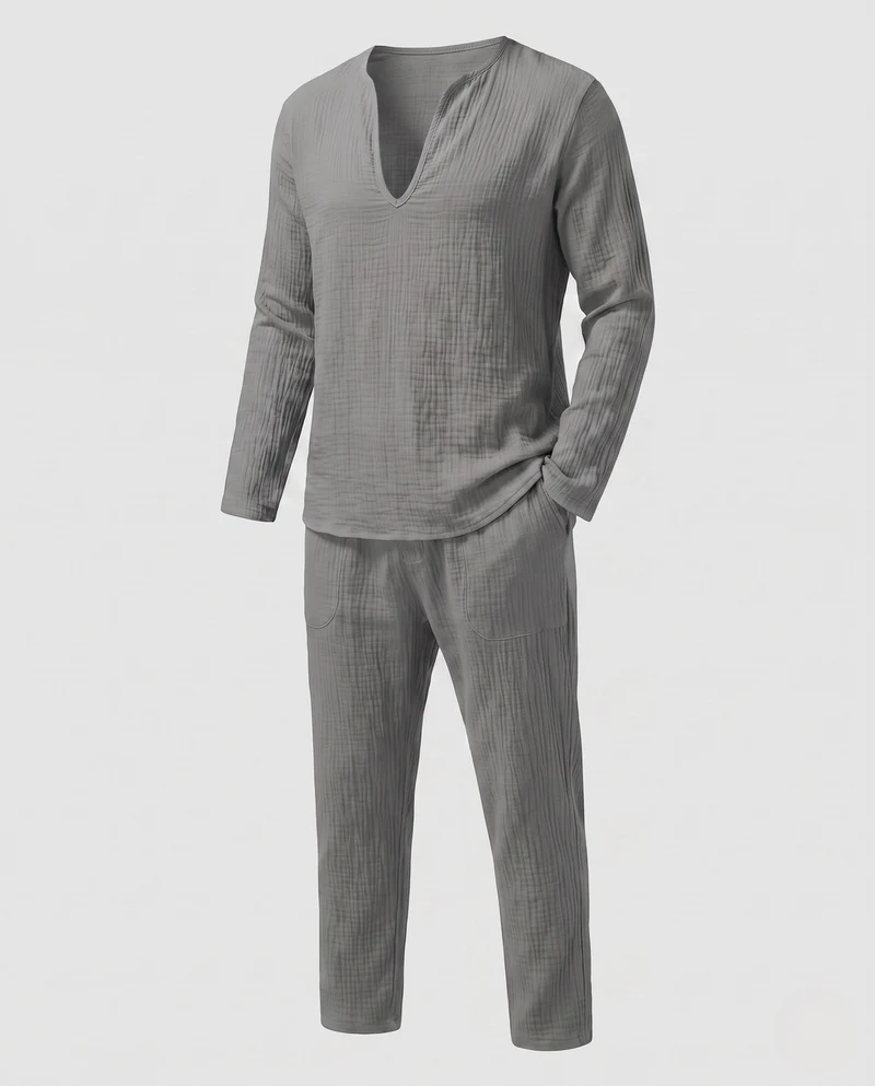 Herren Leichte Leinen-Look Resort Set mit tiefem V-Ausschnitt & lockeren Hosen Nord Taschen
