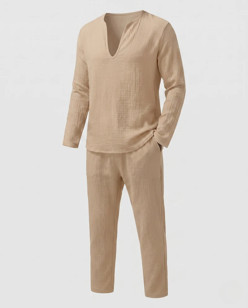 Herren Leichte Leinen-Look Resort Set mit tiefem V-Ausschnitt & lockeren Hosen Nord Taschen
