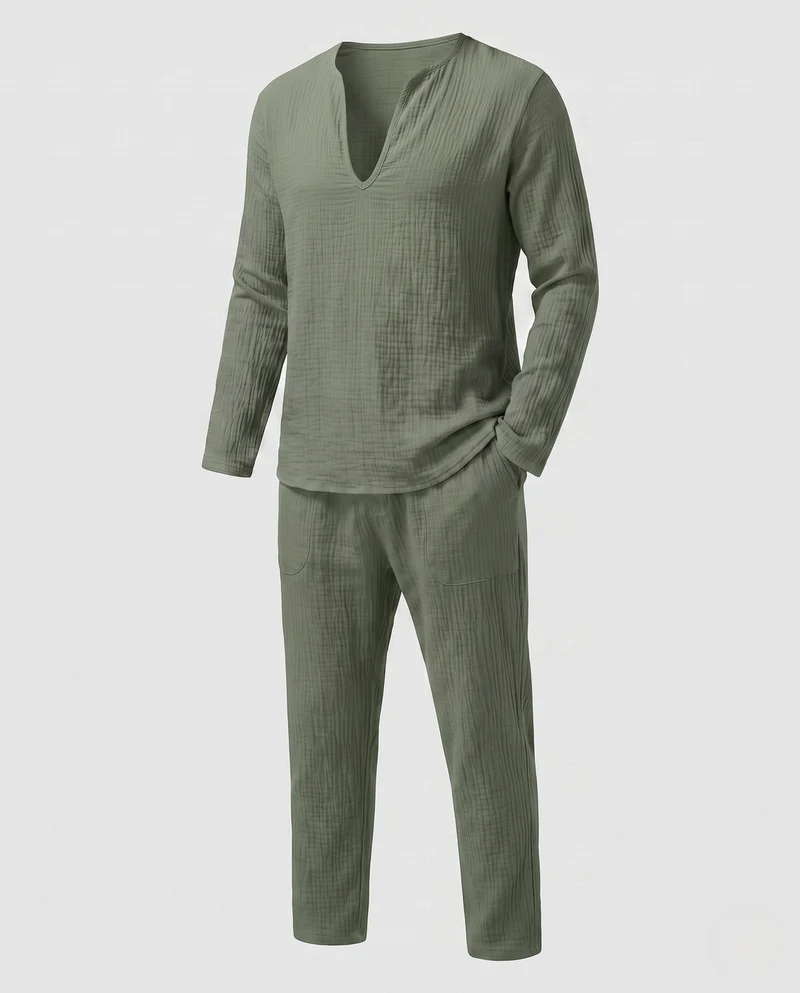 Herren Leichte Leinen-Look Resort Set mit tiefem V-Ausschnitt & lockeren Hosen Nord Taschen