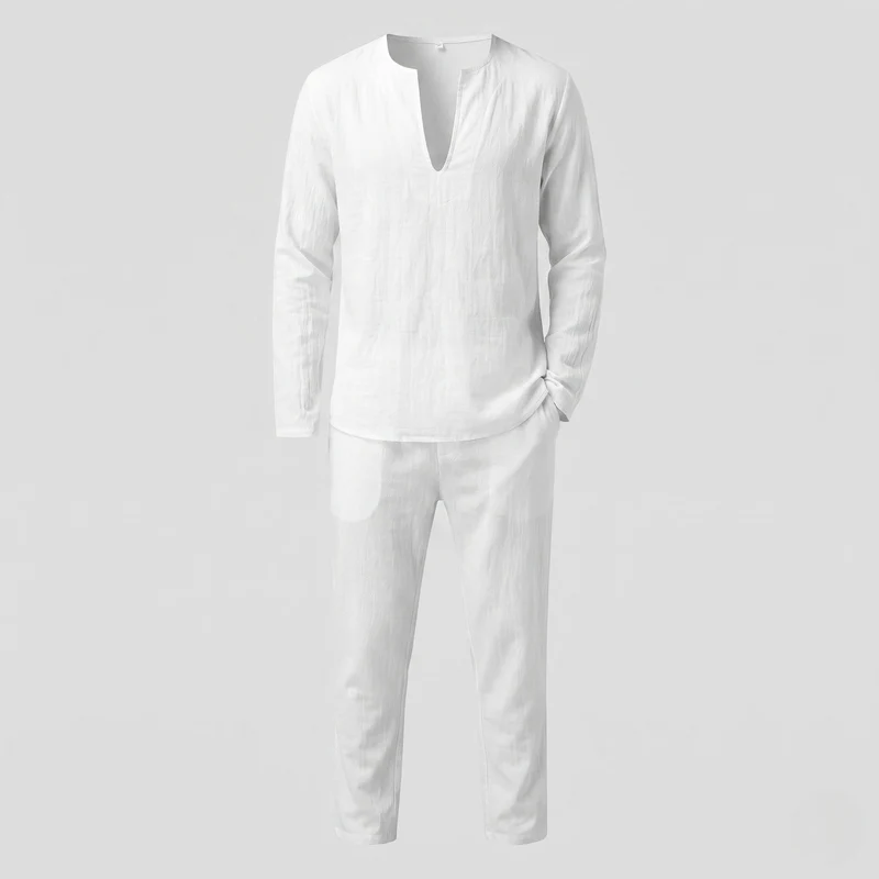 Herren Leichte Leinen-Look Resort Set mit tiefem V-Ausschnitt & lockeren Hosen Nord Taschen