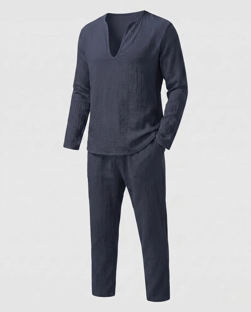 Herren Leichte Leinen-Look Resort Set mit tiefem V-Ausschnitt & lockeren Hosen Nord Taschen