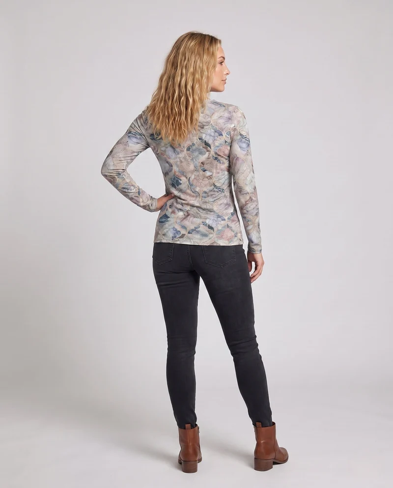 Damen Freizeit V-Ausschnitt Tunika Bluse mit Abstract Marmorprint Nord Taschen