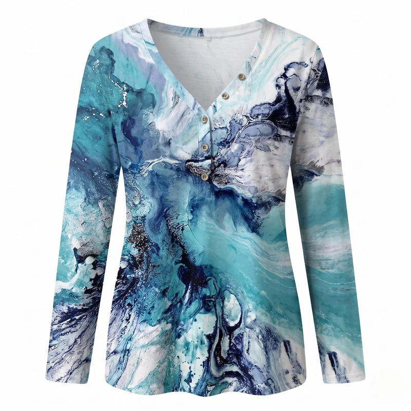 Damen Freizeit V-Ausschnitt Tunika Bluse mit Abstract Marmorprint Nord Taschen