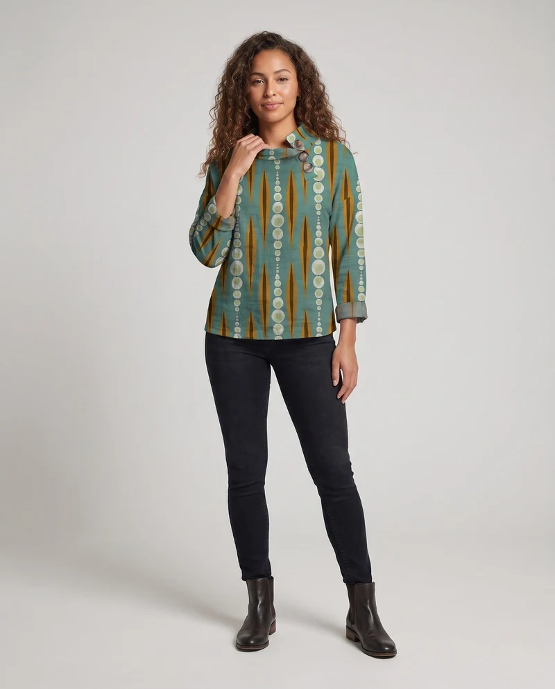 Damen Leichte Oversized Tunika mit Hohem Stehkragen und Asymmetrischem Knopfdetail Nord Taschen