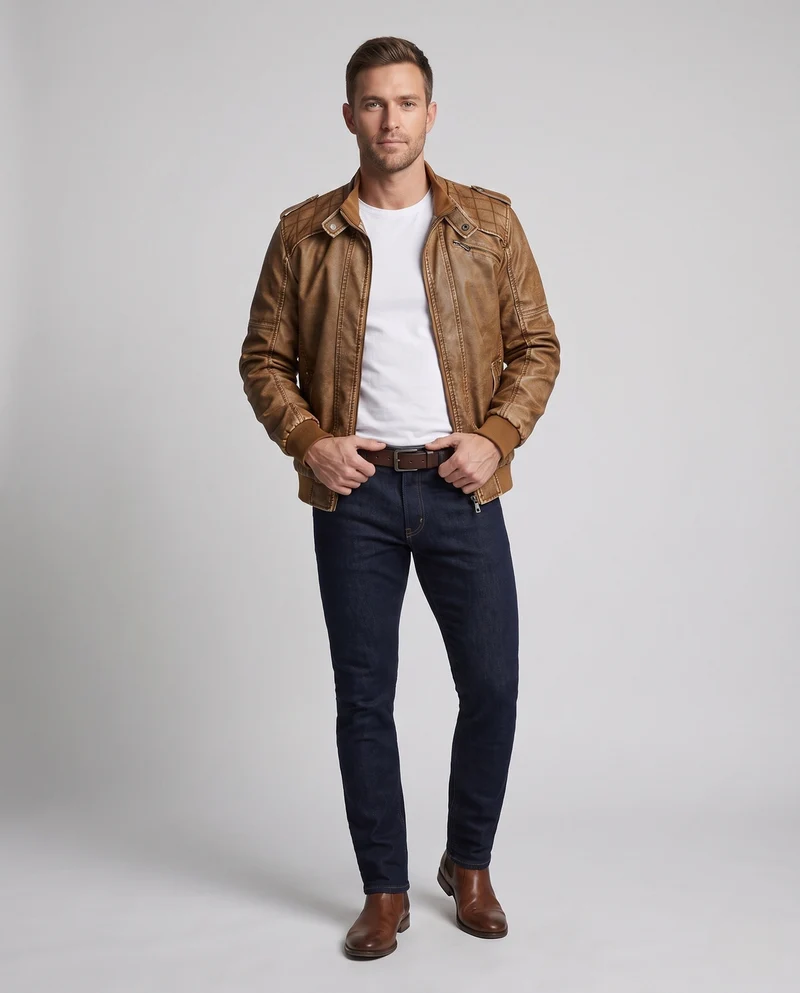 Herren Kunstlederjacke im Biker-Stil mit Stehkragen und vertikaler dekorativer Naht Nord Taschen