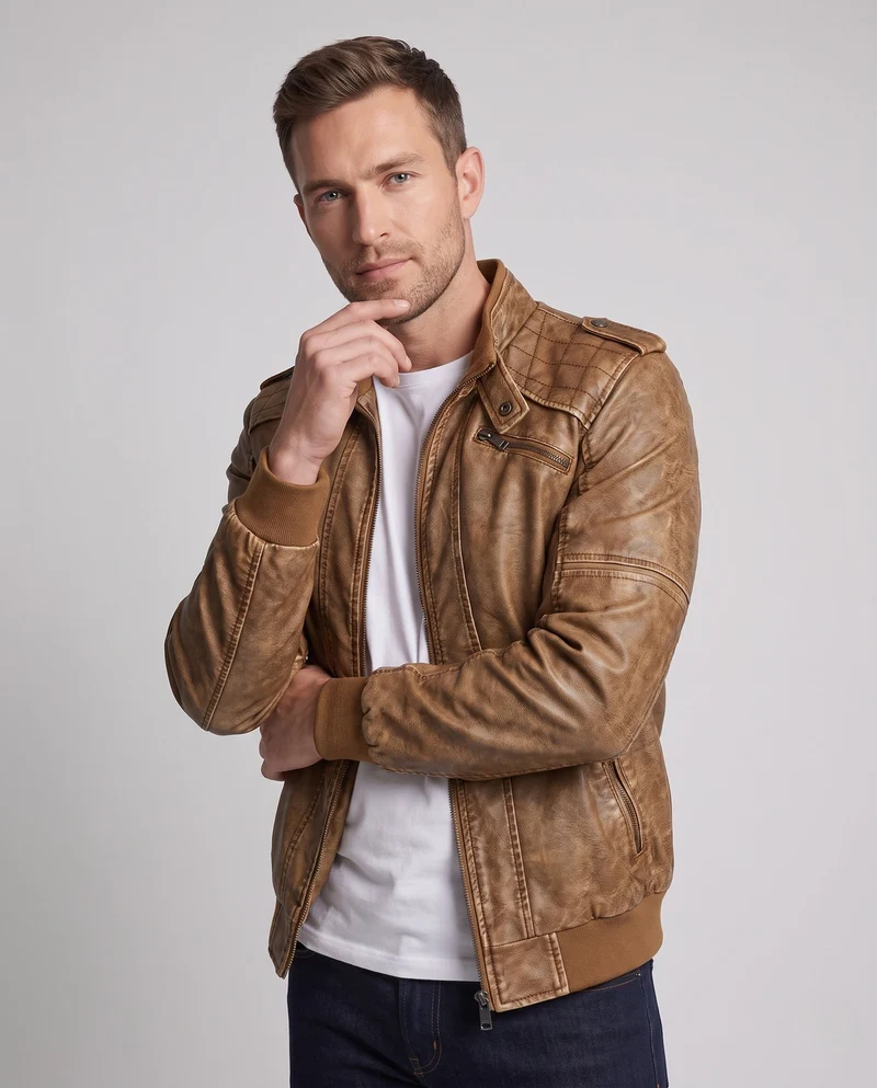Herren Kunstlederjacke im Biker-Stil mit Stehkragen und vertikaler dekorativer Naht Nord Taschen