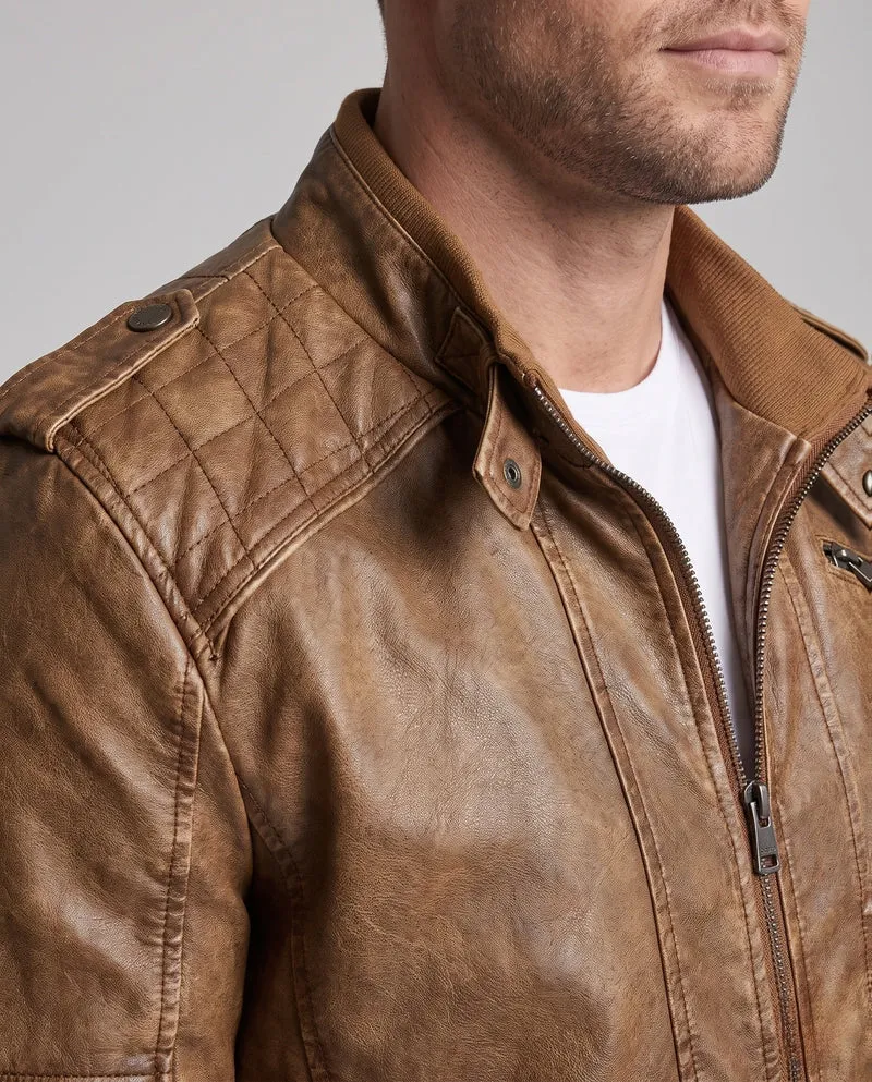Herren Kunstlederjacke im Biker-Stil mit Stehkragen und vertikaler dekorativer Naht Nord Taschen