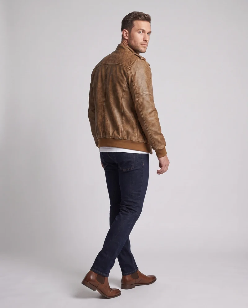 Herren Kunstlederjacke im Biker-Stil mit Stehkragen und vertikaler dekorativer Naht Nord Taschen