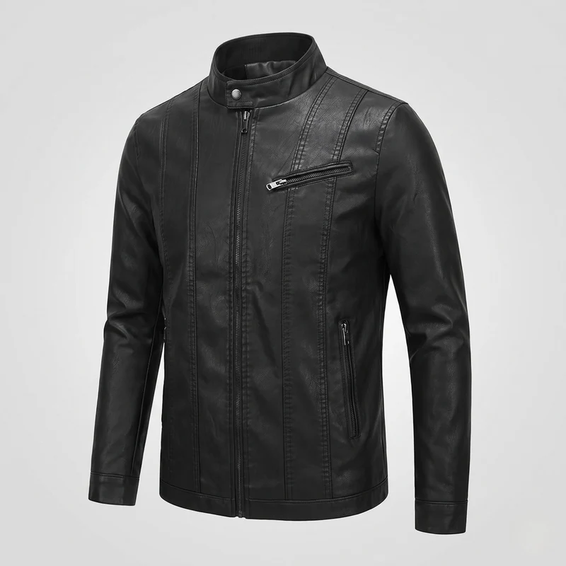 Herren Kunstlederjacke im Biker-Stil mit Stehkragen und vertikaler dekorativer Naht Nord Taschen