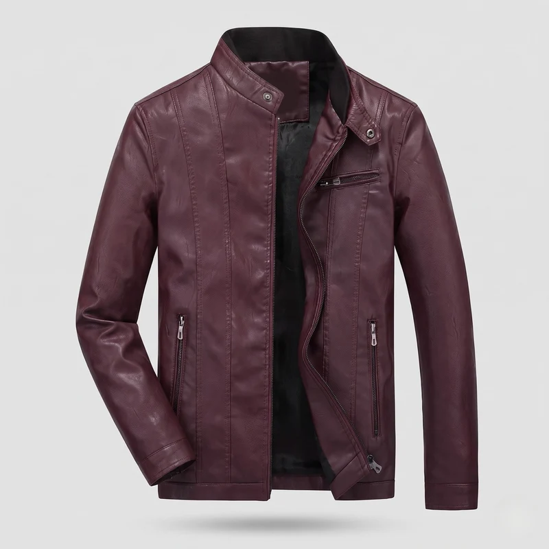 Herren Kunstlederjacke im Biker-Stil mit Stehkragen und vertikaler dekorativer Naht Nord Taschen