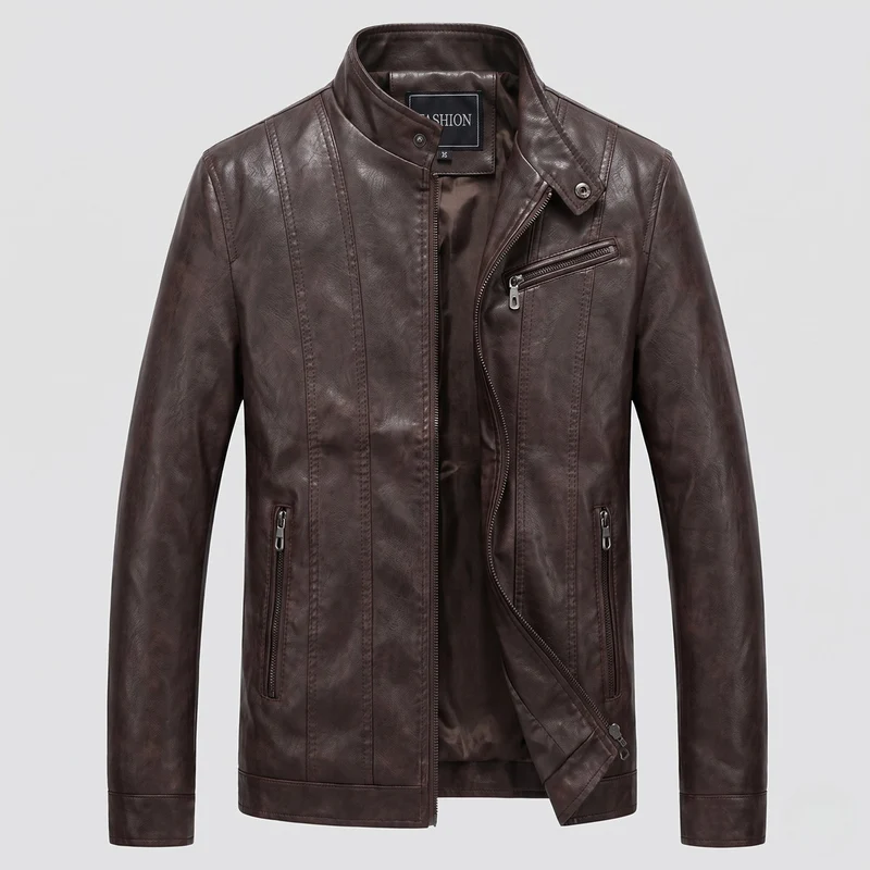 Herren Kunstlederjacke im Biker-Stil mit Stehkragen und vertikaler dekorativer Naht Nord Taschen