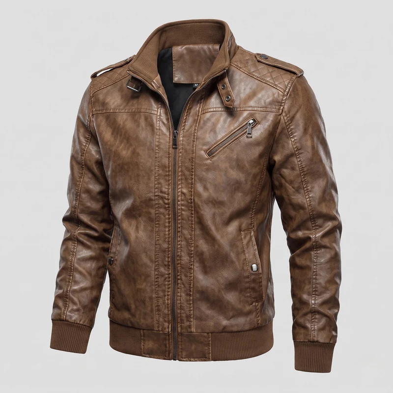 Herren Kunstlederjacke im Biker-Stil mit Stehkragen und vertikaler dekorativer Naht Nord Taschen