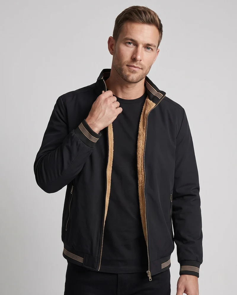 Herren Thermo Bomberjacke im Vintage-Look mit Teddy-Futter und gestreiften Rippbündchen Nord Taschen