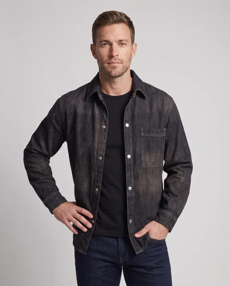 Herren Übergröße Utility Look Denim Shirtjacke mit Druckknopfblende und aufgenähter Brusttasche Nord Taschen