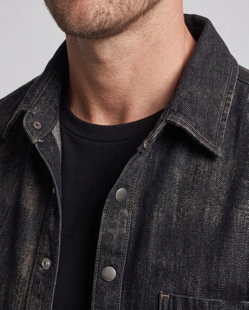 Herren Übergröße Utility Look Denim Shirtjacke mit Druckknopfblende und aufgenähter Brusttasche Nord Taschen