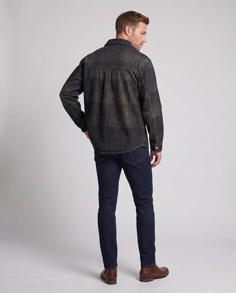 Herren Übergröße Utility Look Denim Shirtjacke mit Druckknopfblende und aufgenähter Brusttasche Nord Taschen