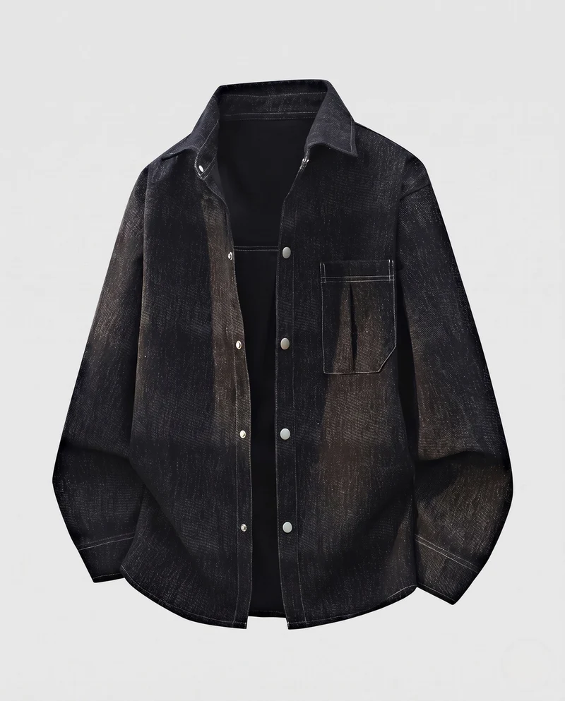 Herren Übergröße Utility Look Denim Shirtjacke mit Druckknopfblende und aufgenähter Brusttasche Nord Taschen