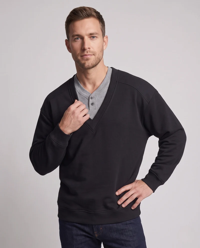 Herren Oversize Layered Look V-Ausschnitt Sweatshirt mit integriertem Henley-Einsatz Nord Taschen