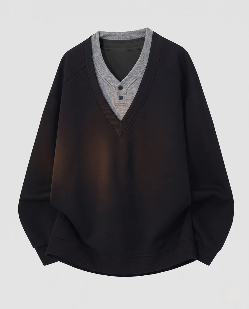 Herren Oversize Layered Look V-Ausschnitt Sweatshirt mit integriertem Henley-Einsatz Nord Taschen
