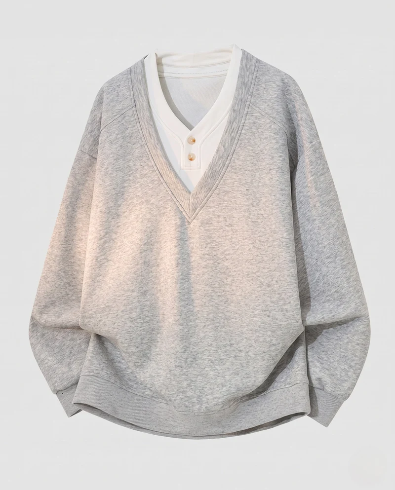 Herren Oversize Layered Look V-Ausschnitt Sweatshirt mit integriertem Henley-Einsatz Nord Taschen