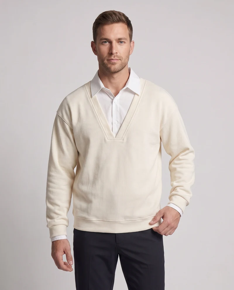 Herren Oversized Pullover mit tiefem V-Ausschnitt und eingesetzt Hemdkragen Nord Taschen