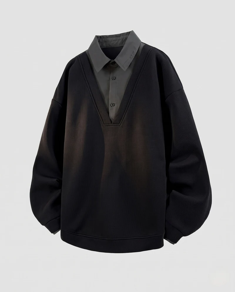 Herren Oversized Pullover mit tiefem V-Ausschnitt und eingesetzt Hemdkragen Nord Taschen