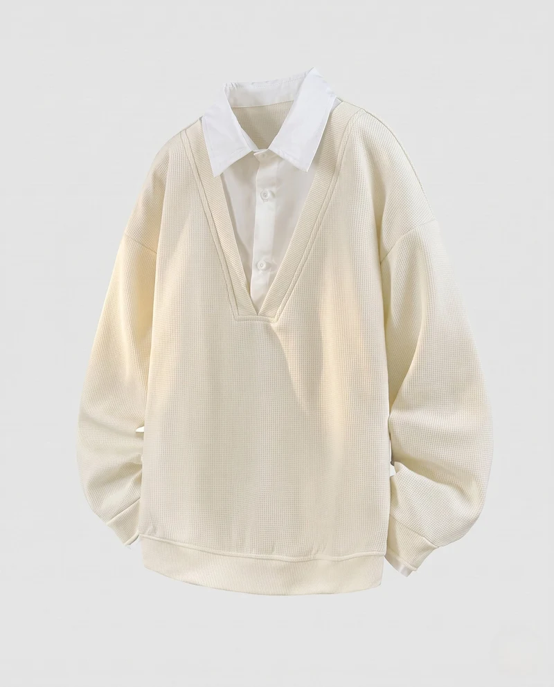 Herren Oversized Pullover mit tiefem V-Ausschnitt und eingesetzt Hemdkragen Nord Taschen
