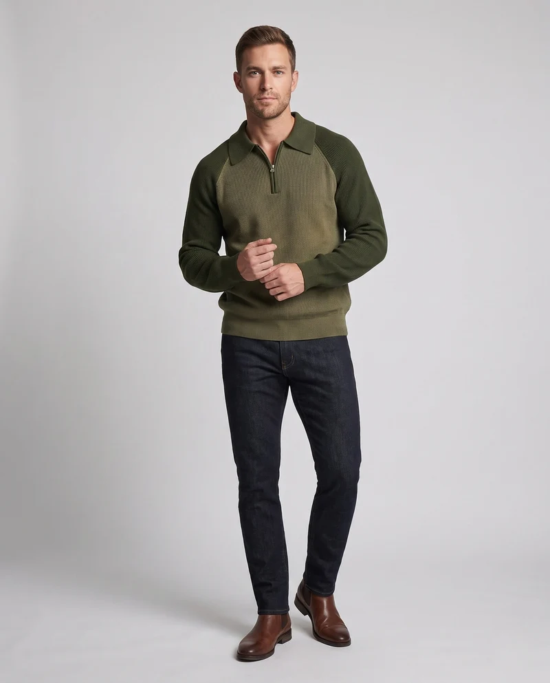 Männer Oversize Strickpullover mit Polo-Kragen, Halb-Reißverschluss & Raglanärmeln Nord Taschen
