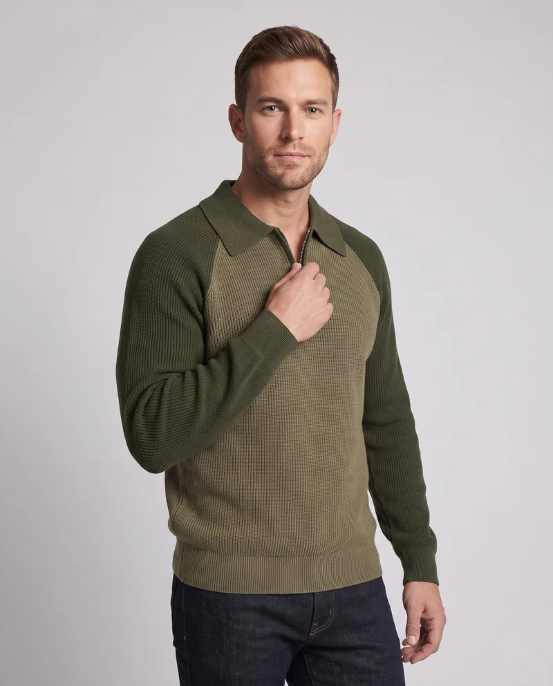 Männer Oversize Strickpullover mit Polo-Kragen, Halb-Reißverschluss & Raglanärmeln Nord Taschen