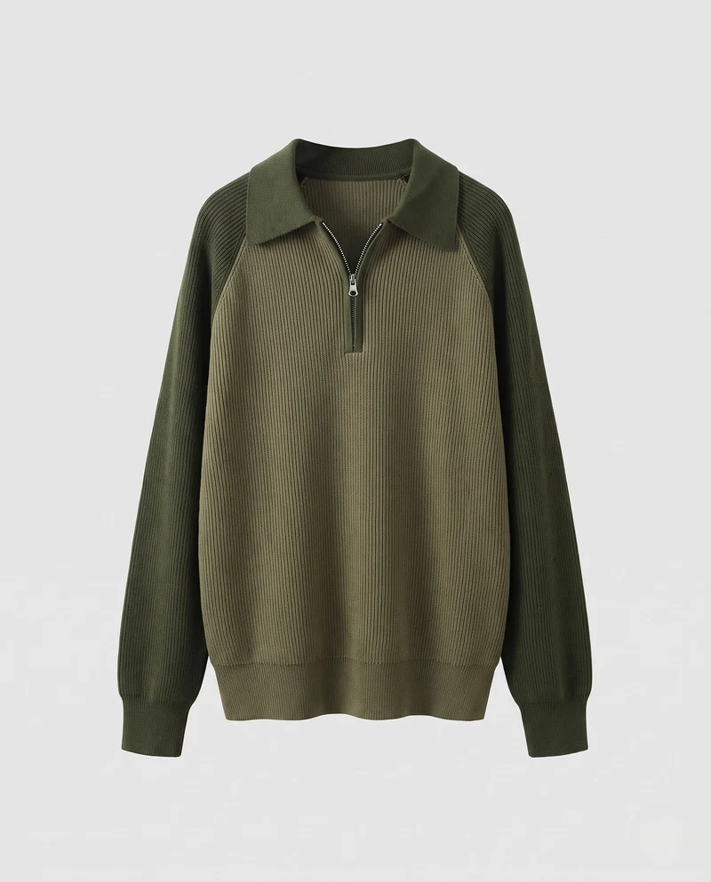 Männer Oversize Strickpullover mit Polo-Kragen, Halb-Reißverschluss & Raglanärmeln Nord Taschen