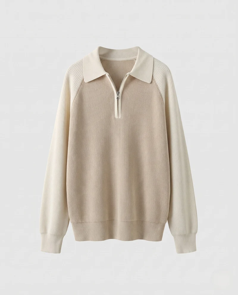 Männer Oversize Strickpullover mit Polo-Kragen, Halb-Reißverschluss & Raglanärmeln Nord Taschen