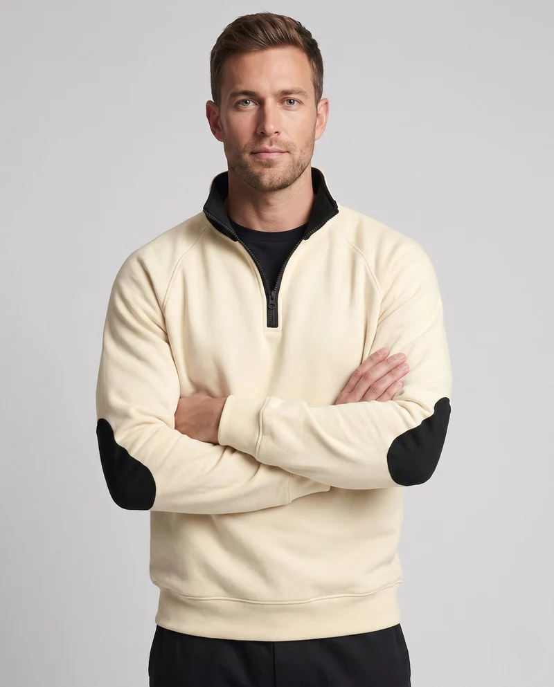 Herren-Sweatshirt mit halbem Reißverschluss, Stehkragen & kontrastierenden Ellbogen-Patches Nord Taschen