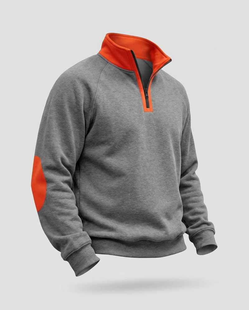 Herren-Sweatshirt mit halbem Reißverschluss, Stehkragen & kontrastierenden Ellbogen-Patches Nord Taschen