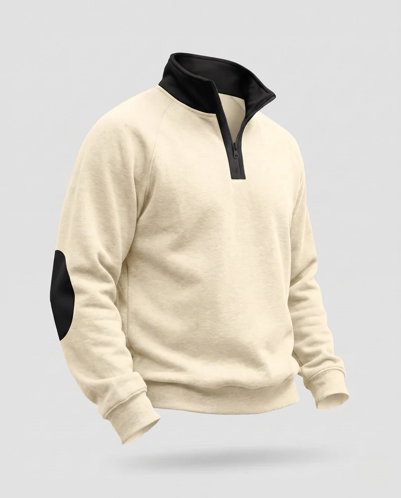 Herren-Sweatshirt mit halbem Reißverschluss, Stehkragen & kontrastierenden Ellbogen-Patches Nord Taschen