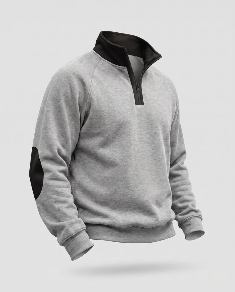 Herren-Sweatshirt mit halbem Reißverschluss, Stehkragen & kontrastierenden Ellbogen-Patches Nord Taschen