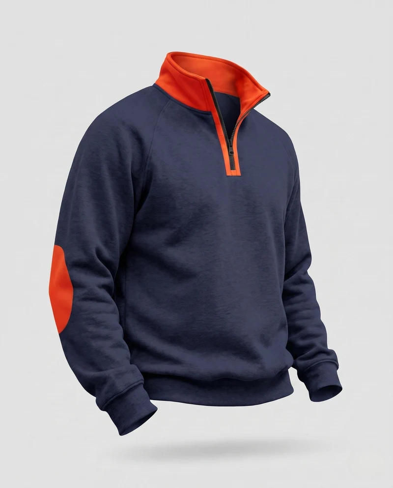 Herren-Sweatshirt mit halbem Reißverschluss, Stehkragen & kontrastierenden Ellbogen-Patches Nord Taschen