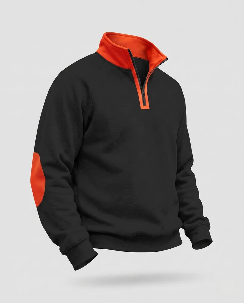 Herren-Sweatshirt mit halbem Reißverschluss, Stehkragen & kontrastierenden Ellbogen-Patches Nord Taschen
