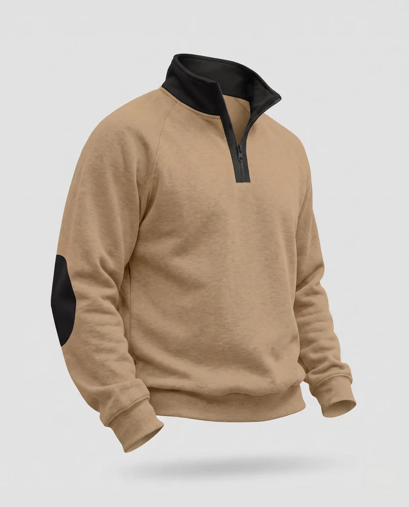 Herren-Sweatshirt mit halbem Reißverschluss, Stehkragen & kontrastierenden Ellbogen-Patches Nord Taschen