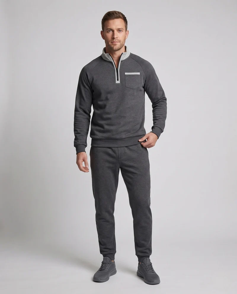 Herren Raglan-Halbzip Sweatshirt mit Stehkragen, Brusttasche mit Klappe und Kontrastbesatz Nord Taschen